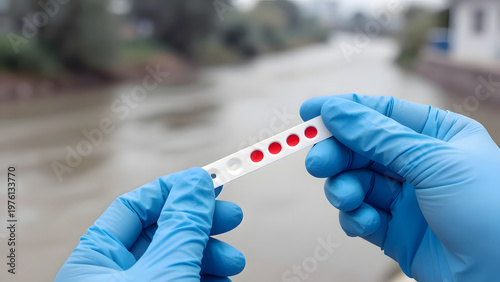 Hands wearing medical gloves hold a water test strip that shows the presence of dangerous chemicals