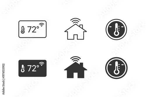 Smart thermostat and home icon set with temperature symbols.