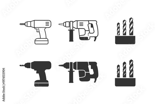Variety of drills and drill bits icons in black and white.