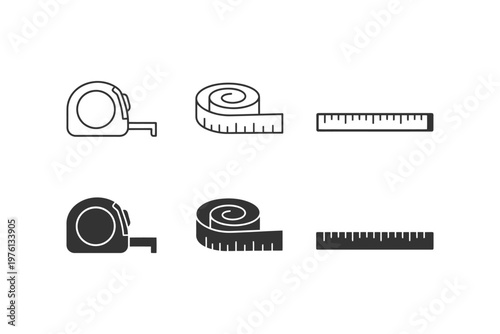 Tape measure, measuring tape, ruler icons set in black and white.