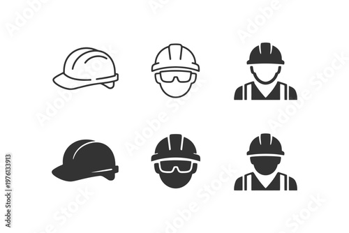 Construction helmet and worker icons set in black and white.