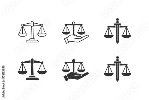 Set of justice symbols featuring scales and sword icons.