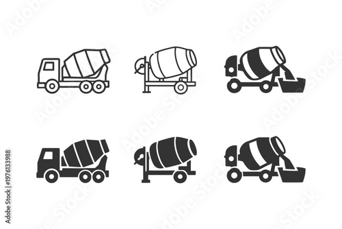 Concrete mixer truck and construction equipment icon set in black and white.