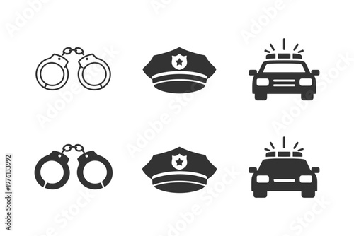 Handcuffs, police hat, and patrol car icons on white background.