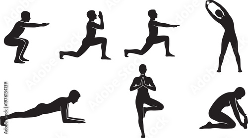 Fitness workout poses silhouette vector illustration set for health icons.