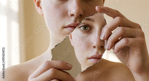 A woman holding a torn piece of paper revealing her face and inner self