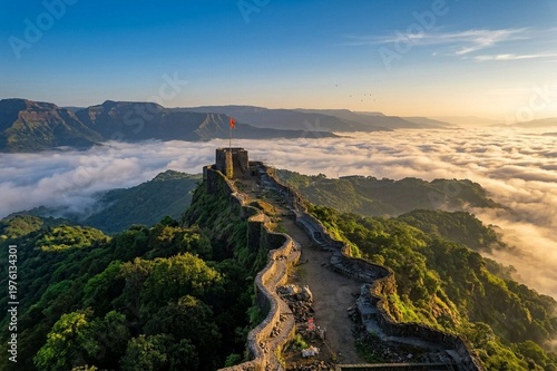 Cloud inversion at Pratapgad fort during sunrise, Mahabaleshwar, Maharashtra.