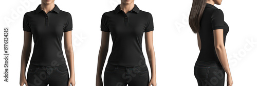 A woman wearing a black polo shirt on transparent background