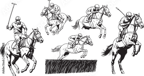 Horse Riding Polo Racing Jumping Sports Illustration Vector Set