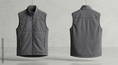 Front and back view of a sleeveless grey padded vest on a seamless background