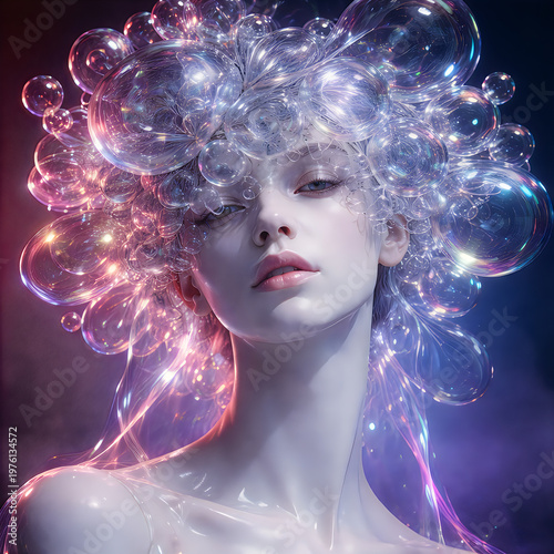 A surreal portrait of a woman with a head full of shimmering bubbles