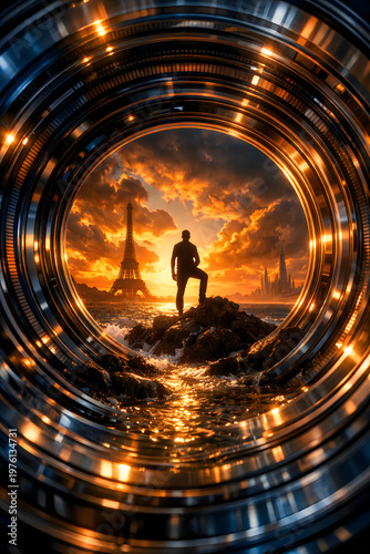 A man stands on a rocky outcrop in front of the Eiffel Tower during a vibrant sunset