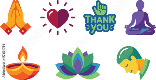 Spiritual and Gratitude Icon Set Featuring Praying Hands Heart Thank You Yoga Meditation Diya Lamp Lotus and Peace Symbols for Wellness and Culture Design
