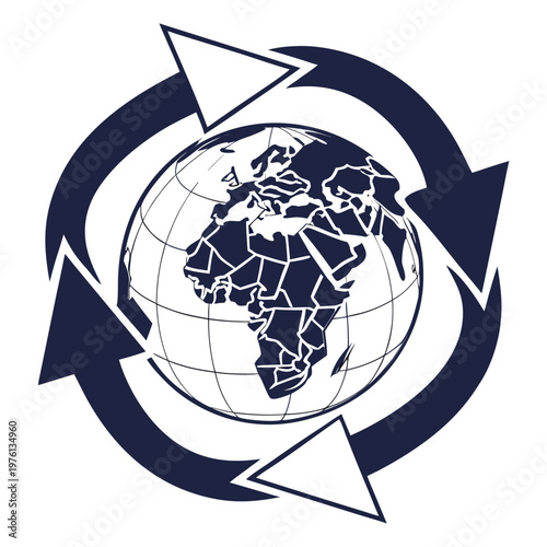 Canvas Print Global arrows circulating around earth outline and continents Africa Europe Asia America icons, circular economy concept illustration