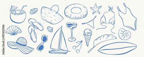 Summer beach elements, set with line art vector icon for vacation