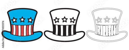 Independence Day Three Uncle Sam hats outline filled patriotic colors vector graphic