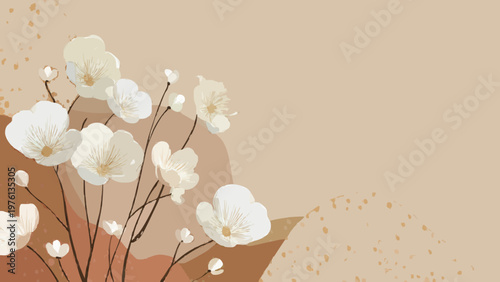 Minimalist White Aster Flowers on Earth Tone Abstract Background