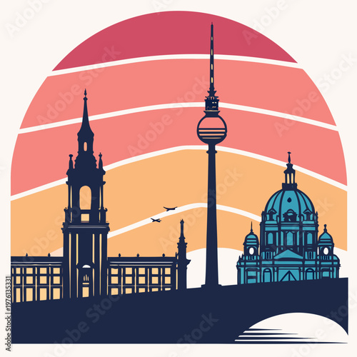 Bild auf Leinwand Berlin city skyline silhouette with tv tower and cathedral at sunset featuring retro sunset background for germany travel posters and cityscapes