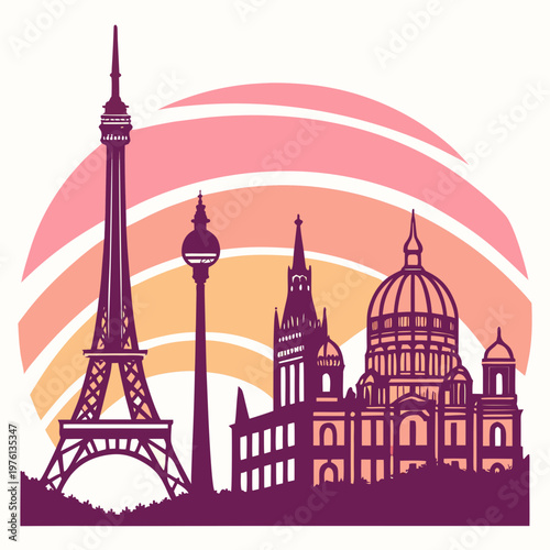 European city skyline vector art showing eiffel tower berlin tv tower and st peters dome silhouette against pink sunset sky background design art.