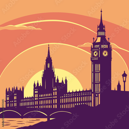Dramatic purple silhouette of palace of westminster and big ben tower against bright yellow sun and layered orange sky for travel poster design art.