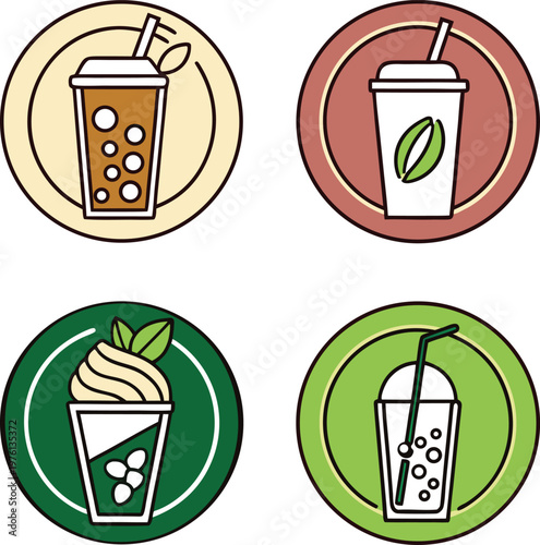 Assorted Coffee and Smoothie Drink Icons Vector Set Featuring Iced Latte Bubble Tea and Frappuccino Beverage Designs