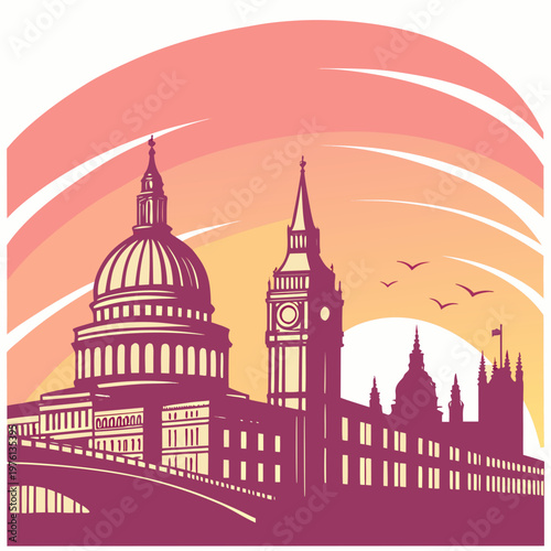 London cityscape silhouette with saint paul cathedral big ben and houses of parliament against sunset sky vector illustration.