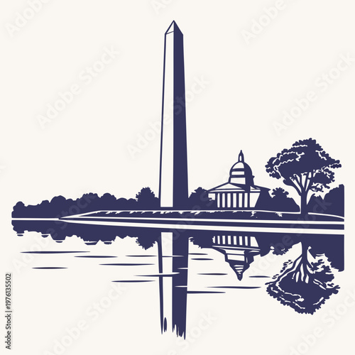 Washington dc monument and capitol building reflected in water minimal drawing representing american capital historic landmarks and national mall scenery.