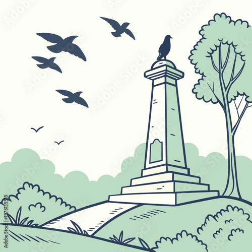 Clean vector illustration of obelisk monument situated in park setting with lush green bushes and birds flying overhead in simple line art aesthetic.