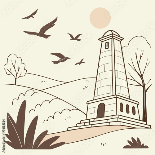 Vintage style vector drawing of stone observation tower on rolling hills with birds flying under soft sun in monochrome brown palette for hiking art.