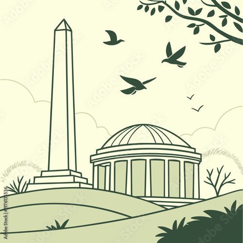 Tall obelisk next to domed building with columns in rolling landscape with trees birds and clouds graphic illustration monument landmark.