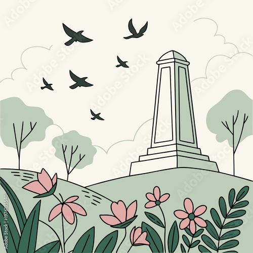 Memorial obelisk monument in park with blooming flowers green trees and flying birds graphic illustration soft pastel colors gentle scene.