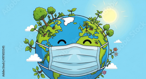 Earth wearing a medical face mask with trees and plants growing on it under a sunny sky with clouds