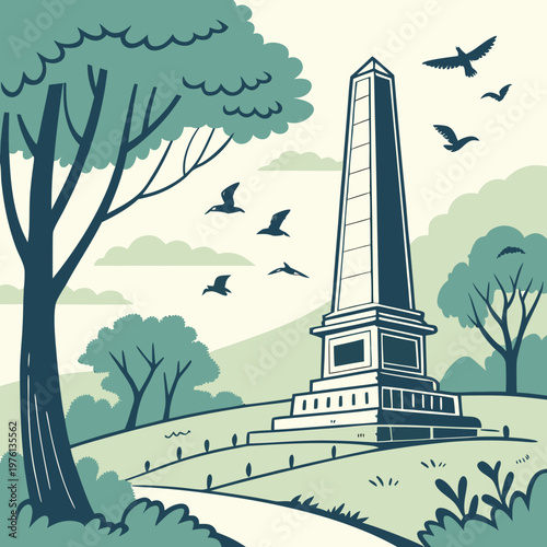 Historic obelisk monument in parkland with trees and flying birds on cloudy day graphic illustration scenic landscape monument.