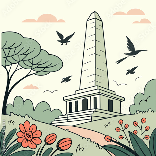 Grand obelisk monument on a scenic hill, surrounded by green trees, delicate flowers, and birds soaring under a cloudy sky.