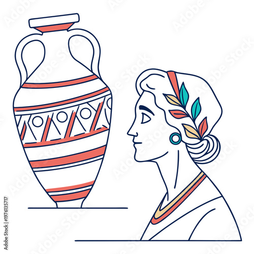 Ancient urn with woman profile historical art vector illustration of classic culture and mythology.
