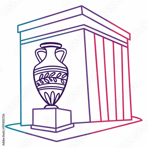 Ancient urn in display case historic artifact vector outline illustration ideal for museum exhibits.