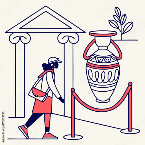 Woman admiring ancient urn in museum exhibit vector illustration of cultural exploration and history appreciation.