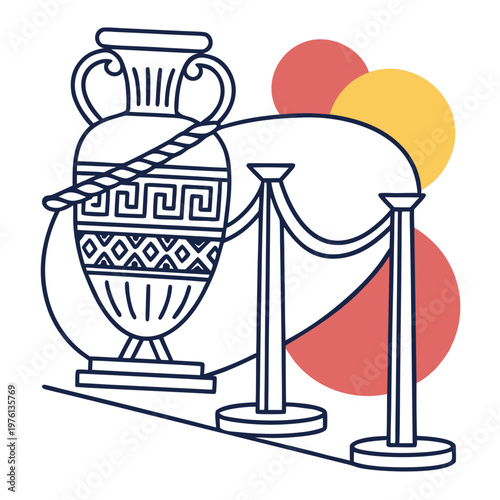 Traditional greek amphora behind velvet rope barrier in museum gallery setting with abstract geometric shapes for art history display and education.