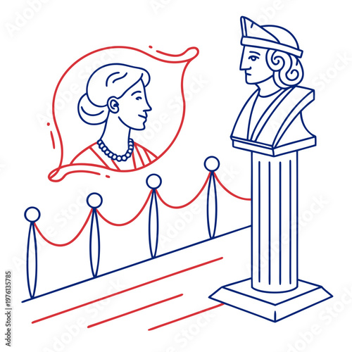 Museum display of ancient bust sculpture with framed portrait of woman and velvet rope barrier in line art style.