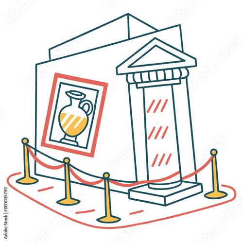 Museum exhibit of ancient amphora displayed in building with classical column and red velvet rope barrier in line art style.