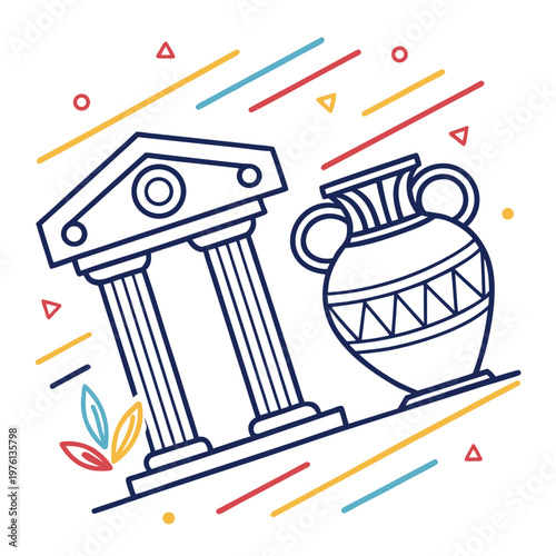 Ancient civilization historical museum outline illustration with greek columns and decorated amphora representing cultural heritage display.