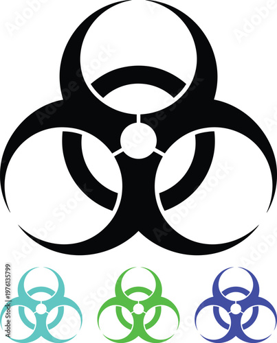 Three figures sorting waste into different colored recycling bins