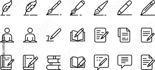 Writing and Editing Icon Set with Pen Pencil Feather Document Note and Author Symbols in Outline Style for Content Creation Design