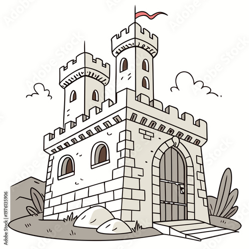 Medieval castle vector illustration isolated on white background, ancient fortress drawing, old architecture design element for games or education.
