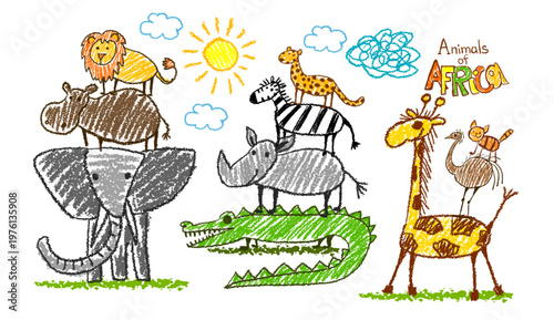 Cartoon Set of African animals for children's drawings. Hand drawn. Not AI, vector illustration.