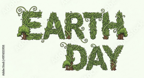 Earth day eco friendly text with green leaves and vines on white background for environmental awareness