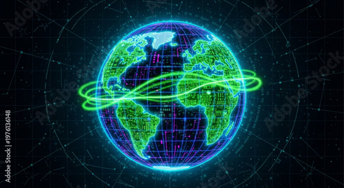 Glowing neon earth with green orbit trails on a dark background with grid lines and stars symbolizing global connectivity and technology