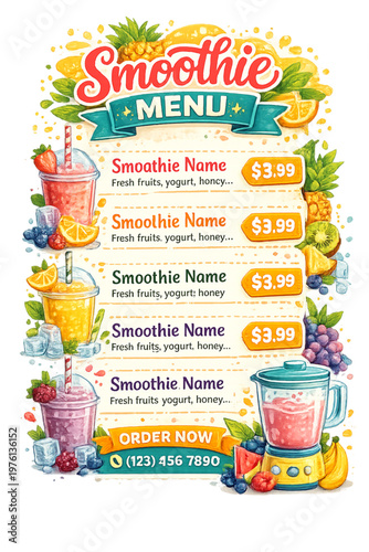 smoothie menu, smoothie menu design, fruit smoothies, vibrant fruit, healthy drinks, juice menu, smoothie flavors, tropical fruits, berry smoothies, fresh ingredients, detox drinks, green smoothie, fr