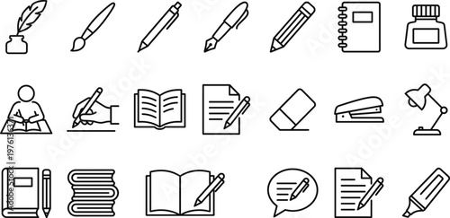 Writing and Stationery Icon Set with Pen, Pencil, Notebook, Paper and Office Symbols for Education, Documentation and Creative Design