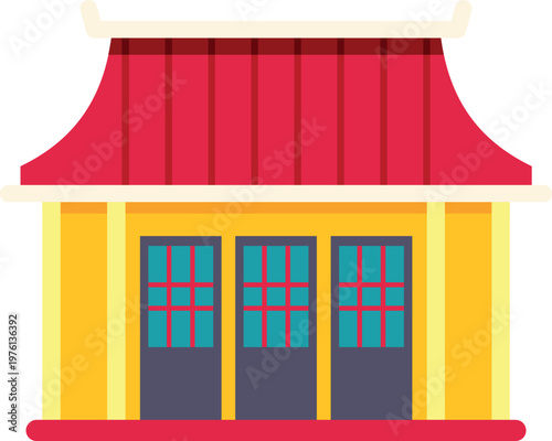 Traditional chinese building structure featuring a bright red roof and yellow walls